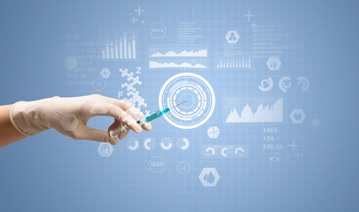 Female doctor hand holding syringe with research data graphic