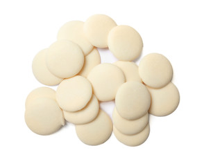 Delicious chocolate chips on white background