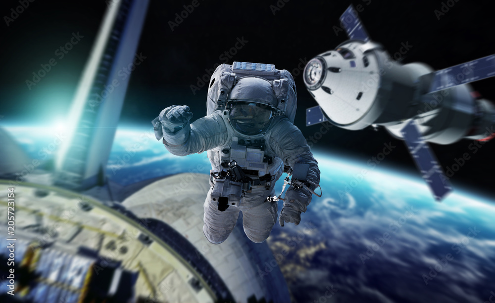 Wall mural astronaut working on a space station 3d rendering elements of this image furnished by nasa