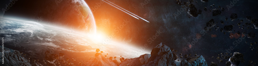Poster Panorama of distant planet system in space 3D rendering elements of this image furnished by NASA