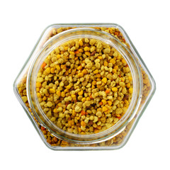 Flower pollen in a glass jar. Apitherapy.