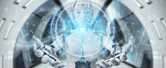 White cyborg woman using digital eye surveillance hologram 3D rendering