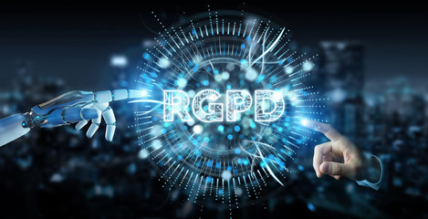 White cyborg hand using digital GDPR interface 3D rendering