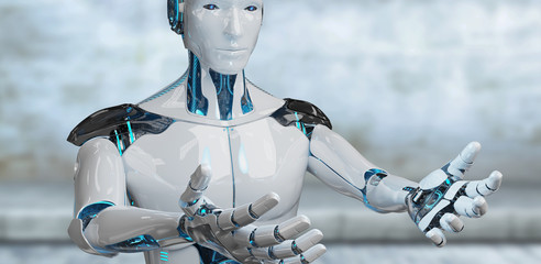 White male cyborg opening his two hands isolated on grey background 3D rendering