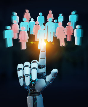 White cyborg hand controlling group of people 3D rendering