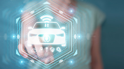 Businesswoman using modern smart car interface 3D rendering