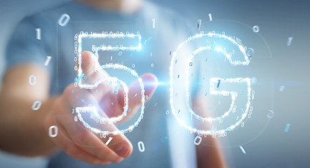 Businessman using 5G network digital hologram 3D rendering