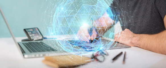 Graphic designer using digital triangle exploding sphere hologram 3D rendering