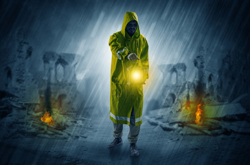 Destroyed place after a catastrophe with man in raincoat and lantern concept
