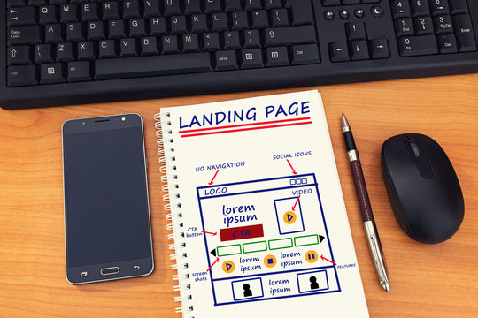 Website landing page development – sketch on notebook, online presence