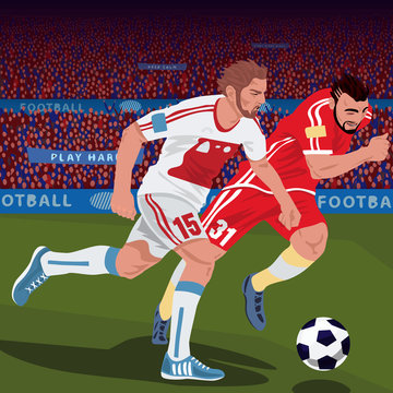 Football gameplay. Two soccer players from different teams, running for ball on football field, front side view, spectator area on background. Duel concept