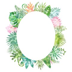 Watercolor green tropical plants frame, place for your text. White background isolated. Wedding invitation, card design