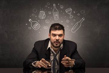 Drunk down and out man with doodle alcohol bottles concept
