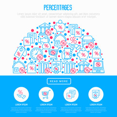 Percentages concept in half circle with thin line icon: loan, credit, offer, interest rate, sale, discount,  graph of growth or fall, leasing, on screen of laptop. Modern vector illustration.