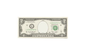Two dollar bill with Thomas Jefferson portrait removed.