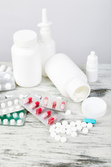 Pills. Medicine Pills in blister pack. Tablets and bottle.