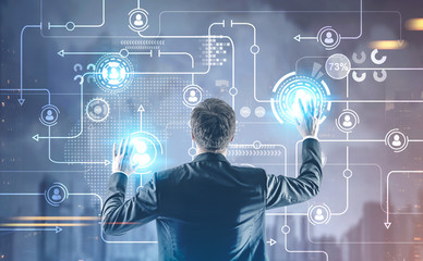 Businessman interacting with bitcoin HUD