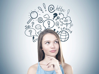 Young pensive woman, internet search
