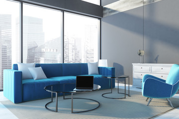 Panoramic penthouse living room corner blue sofa