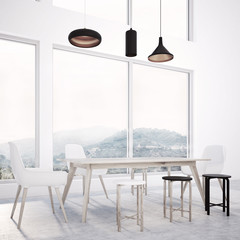 Loft dining room interior, wooden table, view