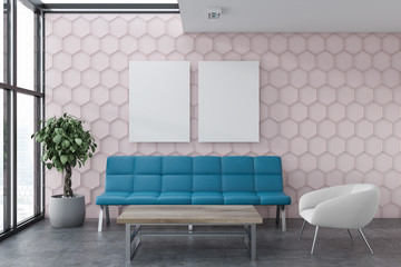 Pink honeycomb living room with posters