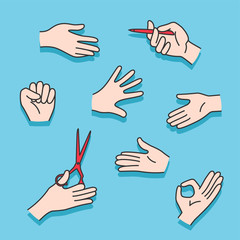 A set of hands showing different gestures.
