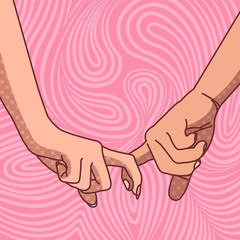 The image of the hands of a young couple interlocked with index fingers.