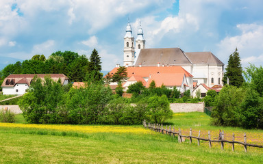 Csiksomlyo, Romania with the pilgrimage church in spring
