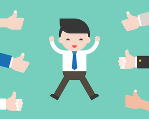 Cheerful business man jumping with team vote thumps up, flat design vector well done in work concept