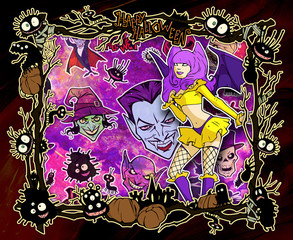 Cartoon halloween frame illustration decorated with diverse evil bizarre creatures and scary characters, monsters, imps,
evil mascots