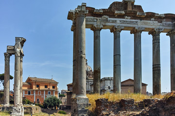 Ruins of Temple of Saturn and Capitoline Hill in city of Rome, Italy