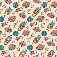 Space seamless pattern with rocket, flying saucer, planets, stars and the moon. It can be used for packaging, wrapping paper, textile and etc. Excellent print for children's clothes, bed linens, etc.