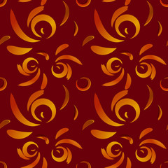 Vector pattern of red doodles and curls in floral ornament in ethnic style on claret background.