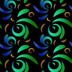 Vector pattern of colored doodles and curls in floral ornament in ethnic style on a black background.