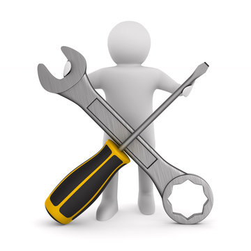 man with spanner and screwdriver on white background. Isolated 3D illustration
