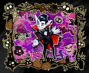 Cartoon halloween frame illustration decorated with diverse evil bizarre creatures and scary characters, monsters, imps,
evil mascots