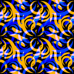 Vector pattern of mustard and blue doodles and curls in floral o