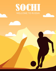 football 2018. Russia. Sochi, postcard, banner.welcome to Russia. flat illustration with city of Sochi and the football player.