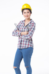 Industrial worker woman . Isolated over white background