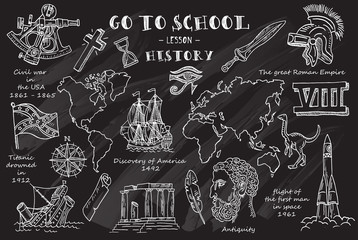 History. Hand sketches on the theme of History. Chalkboard. Vector illustration.