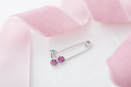 Cherry Shaped Pin Brooch With Pink Crystals