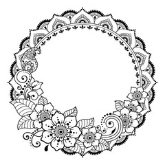 Circular pattern in form of mandala for Henna, Mehndi, tattoo, decoration -frame. Decorative ornament in ethnic oriental style. Coloring book page.