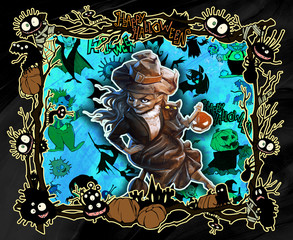 Cartoon halloween frame illustration decorated with diverse evil bizarre creatures and scary characters, monsters, imps,
evil mascots