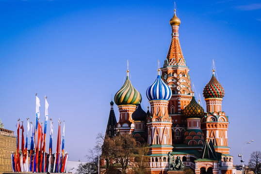 St. Basil's Cathedral on Red Square. Moscow, Russia. Good sunny day. Vacations and travels touristic place. Tourism