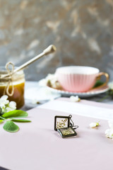 Delicate glass earrings in rustic style with a plant inside. Among the magazine, tea, honey - attributes for woman relaxation