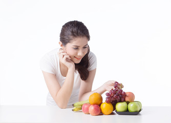 Obraz premium beautiful woman with healthy food, white background isolate