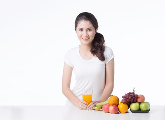 beautiful woman with healthy food, white background isolate