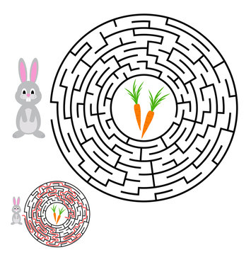 Labyrinth, maze conundrum for kids. Entry and exit. Children puzzle game. Help the rabbit to reach the carrots