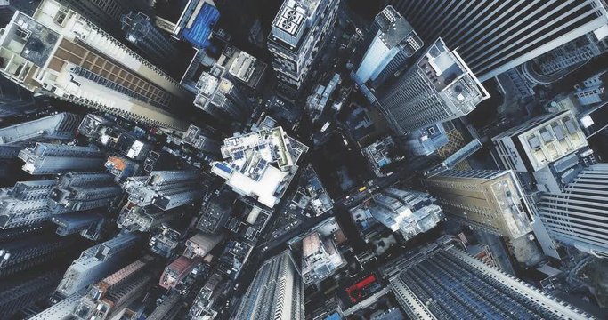 AERIAL. Cinematic blue style footage of Hong Kong city center at day time.