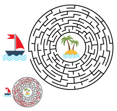 Labyrinth, maze conundrum for kids. Entry and exit. Children puzzle game. Help the ship to swim to the island